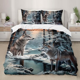 AILONEN Wolf Duvet Cover Set Twin Size, 3D Snow Wolf Comforter Cover Set,Winter Forest Wolf Bedding Set for Boys Girls,Outdoor Wolf Duvet Cover Set 3 Pieces, 1 Quilt Cover and 2 Pillowcases