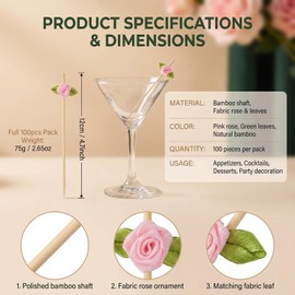 100 Pcs Pink Rose Cocktail Picks, Bamboo Decorative Toothpicks