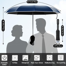 Copulan 46 Inch Auto Open Close Reverse Umbrella - Windproof 10-Rib UV Protection, Carabiner Handle & Reflective Strips for Car Travel (Blue)​​