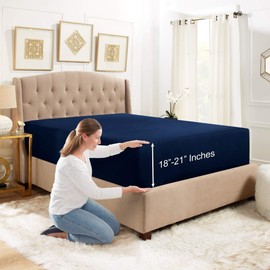 Empyrean Bedding 18" - 21" Extra Deep Pocket Fitted Sheet for High Mattress- Hotel Luxury Silky Soft Double Brushed Microfiber Sheet - Hypoallergenic Wrinkle Free Cooling Bed Sheet, Queen - Navy