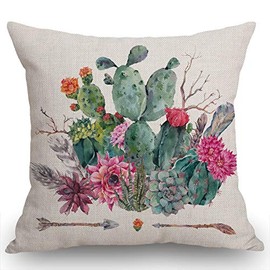 Swono Throw Pillow Case Watercolor Cactus with Flowers Cotton Linen Square Cushion Cover Standard Pillowcase for Men Women Home Decorative Sofa Armchair Bedroom Livingroom 18 x 18 inch