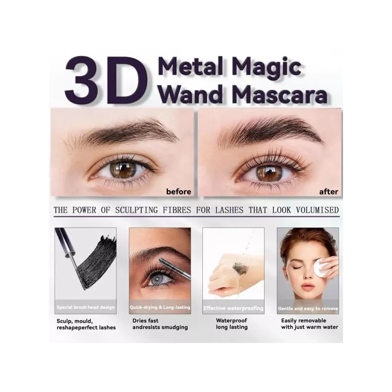 3D 컬링 언 완드 마스카라 메탈 블랙 워셔블 텔레스코픽 튜빙
