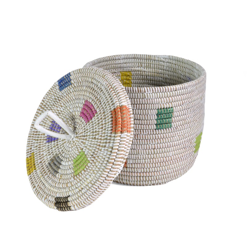 African Fair Trade Handwoven Lidded Shelf/Table Basket from Senegal, White