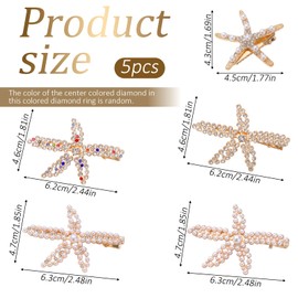 5Pcs Starfish Hair Clips, Gold Pearls Crystal Beach Hair Clips Cute Mermaid HairClips Rhinestone Bride Wedding Head Pieces Fashion Beach Accessories for Women and Girls