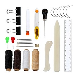Musuntas 28pcs Bookbinding Tools Starter Tools Set Bone Folder Paper Creaser Waxed Linen Thread Wood Handle Awl Large-eye Needles for Handmade Books Bookbinding and Sewing Supplies