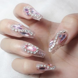 KIRAKIRA Pink Coffin Press On Nails with Chocolate Decorative Design and Flash Diamond Long Fake Nails Full Cover Stick On Nails for Women and Girls 24Pcs (pink salt, medium)