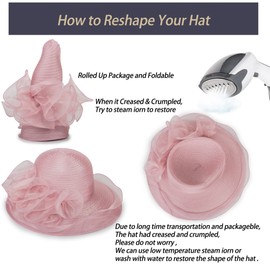 Kentucky Church Hats for Women, Pink Wide Brim Organza Garden Party Hat, Adjustable Fascinators Bow-Flower for Wedding Cocktail Events