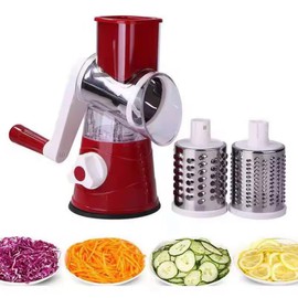 Rotary Vegetable Slicer and Grater, Manual Crank Handle, 3 Stainless Steel Blades, Red