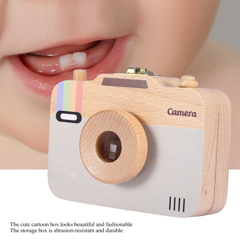 Wooden Camera pattern Storage Box Case for Baby Milk Teeth