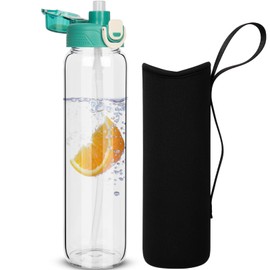 DEARRAY 32 oz Sports Glass Water Bottle with Straw & Neoprene Sleeve BPA free Glass Drinking Bottle for Gym, Travel, Smoothie