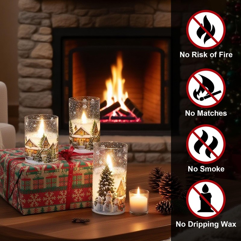 DRomance Snowman House Glass Flameless Candles Battery Operated with Remote