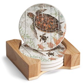 CounterArt Shoreline Shells 4 Pack Round Decorative Absorbent Stone Coasters with Protective Cork Backing in Wooden Holder Made in The USA