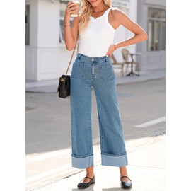 EVALESS Womens Jeans High Waisted Stretchy Cuffed Wide Leg Denim Pants with Pockets Navy Blue Size 6