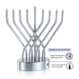 The Dreidel Company Hanukkah Silver Menorah Low Voltage Battery Powered Contemporary Metal Designed Menorah, LED Bulbs Electric, 10.6 Inches Tall