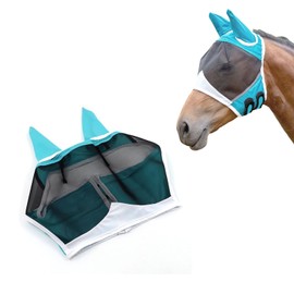 Andiker Maschera da mosche per cavalli con orecchie, morbida lycra, traspirante, protezione UV (verde) (L)