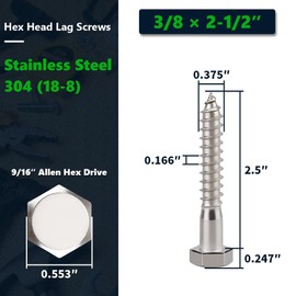 10-Sets 3/8 x 2-1/2" Hex Head Lag Screws & Flat Washers, Heavy Duty Lag Wood Screws, 304 Stainless Steel (18-8), 3/8" Bolt