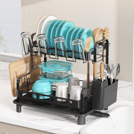BOOSINY Dish Drying Rack, 2 Tier Large Stainless Steel Sink Dish Rack for Kitchen Counter, Drying Rack with Cups Holder, Utensil Holder and Drainboard Set, Black Dish Strainer Shelf for Kitchen