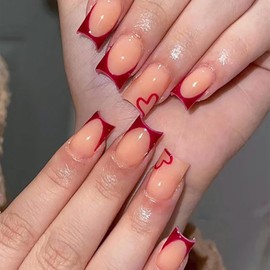 Valentine Press on Nails French Tip Fake Nails Short Square Glue on Nails Cute Heart Acrylic Nails Glossy Full Cover False Nails with Design Wine Red Nail Tips Valentine Stick on Nails for Women