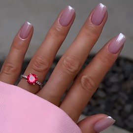 24 Pcs Short False Nails Square Stick on Nails, Rose Pink Glossy Press on Nails Removable Glue on Nails with Glue Stickers, Acrylic Full Cover Stick on Nails for Women Girls