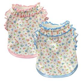 Anelekor 2 Pack Floral Dog T-Shirts with D-Ring Ruffled Girl Puppy Clothes for Small Dogs Boy Lightweight Sleeveless Pet Vest Spring Summer Cats Doggies Outfits (Pink Bule, Small)