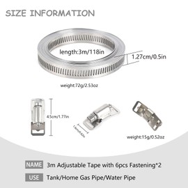 KHIRY Hose Clamps Set of 2 Stainless Steel DIY Clamps Hose Clamps Pipe Hose, 3 m Adjustable Band with 6 Pieces Attachment for Tank/Home Gas Pipe/Water Pipe