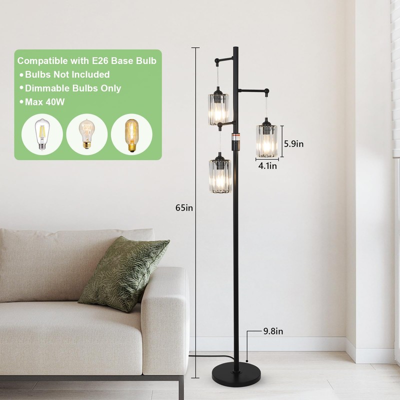 Stepeak Black Modern Crystal Floor Lamp, 3 Lights Standing Lamp