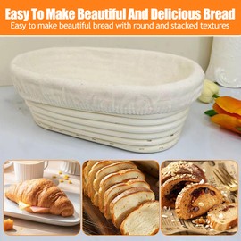 Set of 2 Oval Proofing Baskets with Linen Fabric Insert, 25 x 15 x 8 cm Bread Baking Proofing Basket, Natural Rattan Sourdough Proofing Baskets, Bread Baking Accessories for Home and Professional
