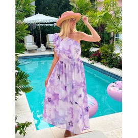 ZESICA Women's 2025 Boho Floral Sleeveless Maxi Dress Ruffle One Shoulder Elatsic High Waist Beach Party Long Dresses,Purple,Medium