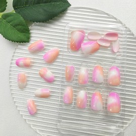 Press on Nails Short Round Fake Nails with Orange Pink Gradient Designs Spring Summer Nails Press ons Glossy Glue on Nails Acrylic False Nails Artificial Stick on Nails for Women 24Pcs