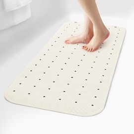 SelfSuite Extra Long Rubber Bathtub Mat, Non-Slip Shower Tub Mat, 39x16 Inch, Bath Tub Floor Mat with Suction Cups and Drainage Holes, Ivory White