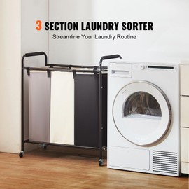 Happybuy 3-Section Laundry Basket - Heavy Duty Laundry Hamper & Organizer. Sturdy sorter cart with lockable wheels for dirty clothes. Ideal for laundry room & bedroom
