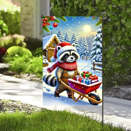 Cmialusie Christmas Garden Flag Cute Raccoon with Gifts Winter Snow Scene Double Sided 12 x 18 Inch Yard Outdoor Holiday Decoration