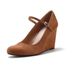 Coutgo Womens Wedge Pumps Dressy Mary Jane Shoes Comfort Wedges Closed Toe Ankle Strap Heeled Shoes Brown