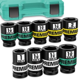 KIRXST 1" Drive Jumbo Impact Socket Set, SAE Axle Nut Sockets, 9-Piece (1-2 in.) Drive Deep Impact Socket Set, 6-Point, Cr-V Steel, Universal Hex Deep Socket Set with heavy Duty Storage Case