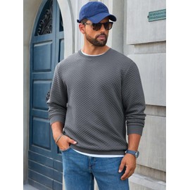Runcati Mens Crewneck Sweatshirts Quilted Diamond Textured Pullover Long Sleeve Casual Fashion Sweatshirt Dark Grey