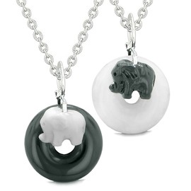 Cute Small Lucky Charm Elephant Amulets Love Couples BFF Set White Quartz Black Agate Donut Necklaces