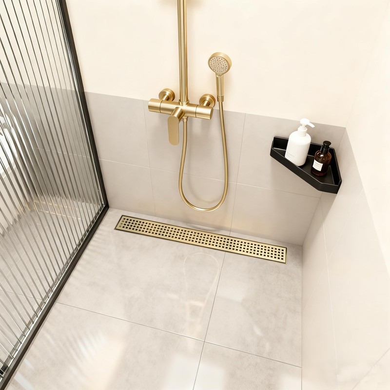 Linear Shower Drain - 18 Inch Brushed Gold, with Grate
