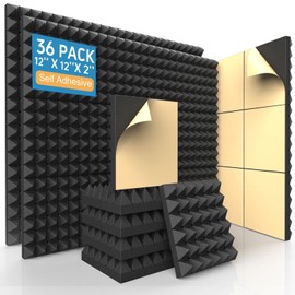 AUSLET 36 Pack Self-Adhesive Acoustic Foam Panels, 12 x 12 x 2 Inches High Density Pyramid Sound Proof Foam Panels for Walls, Fire Resistant Soundproof Wall Panels for Home Office & Studio (Black)