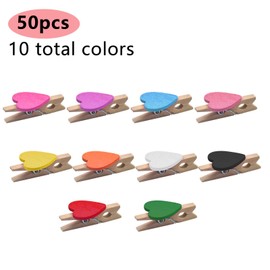 Pack of 50 Mini Photo Clips, Colourful Pegs for Photos Wooden Clothes Pegs Decorative Pegs Heart Pegs with 10 m Natural Jute Cord, Clothes Pegs for Photos Paper Crafts DIY Decorations
