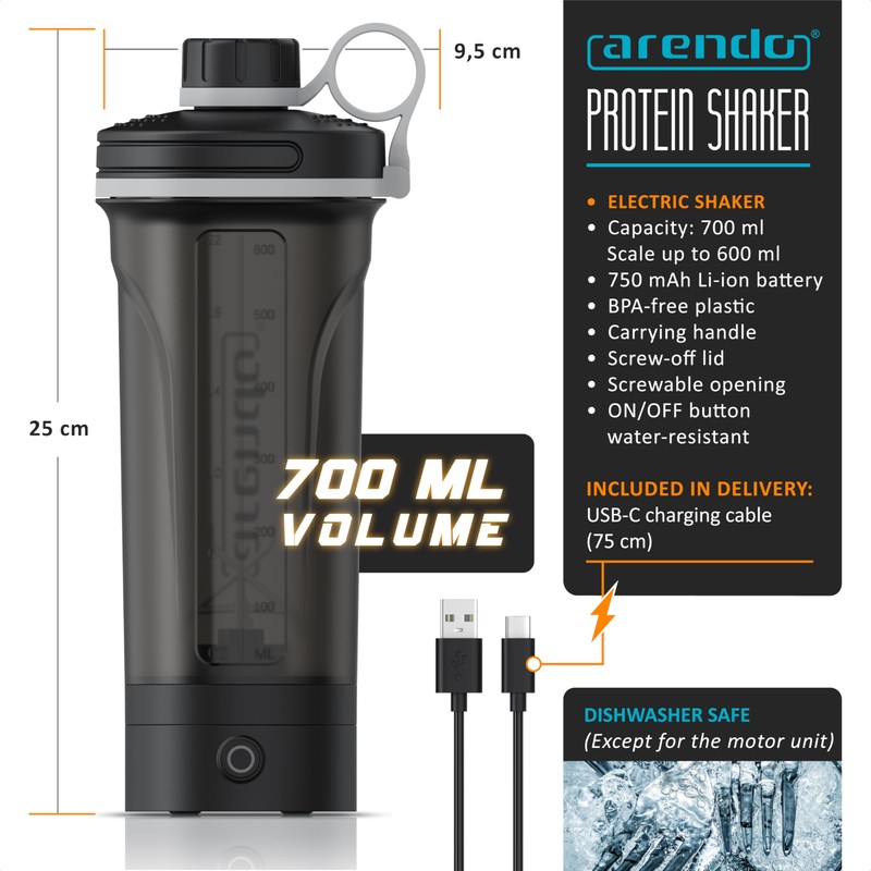 arendo Electric Protein Shaker Bottle, 700ml, 25 Mixing Cycles per
