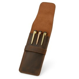 The Antiq Leather Pen Case 3 Pen Holder Full Grain Leather Pencil Case Tuck Flap Pen Sleeve for Fountain Ballpoint Rollerball Pens Brown