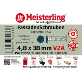 Meisterling® Facade Screws Stainless Steel V2A 4.8 x 38 mm Flat Head Torx T20 Anthracite + 1 Bit Pack of 100