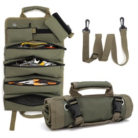 WODHMIEY Roll Up Tool Bag, 600D Oxford Fabric Waterproof, 4 Pockets 2 Detachable Pouches, Portable Foldable Tools Storage Bag for Auto Mechanic Carpenter Electrician Plumber (Green)