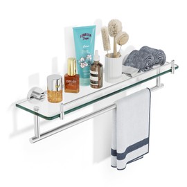 KOCOK 20 Inch Glass Bathroom Shelves with Towel Bar,Brushed Nickel Glass Shelf for Bathroom with Towel Rack Rectangular Tempered Glass Stainless Steel Wall Mount Accessories