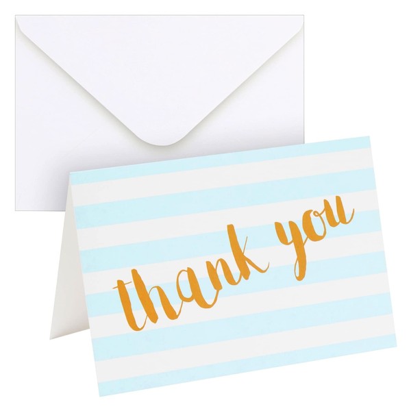 Juvale Blue Striped Thank You Cards - Pack of 12 with Envelopes for Wedding, Baby Shower, Business Events (4x6 in)