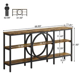 Tarnorci Console Table with Storage, 66.9 inch Sofa Tables Narrow Long with 3 Tier Wood Storage Shelves Industrial Metal Frame Console Table for Entryway, Hallway, Living Room (Vintage Brown+Black)