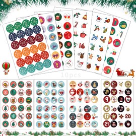 10 x Christmas Advent Calendar, Advent Calendar, Numbers Sticking, Round Number Stickers, Advent Calendar Number Stickers, Christmas Numbers Stickers for Crafts and Decorating (A)