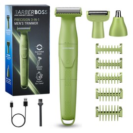 BarberBoss Set per la toelettatura dei dettagli, 3 in 1, per uomo, barba, parrucchiere, body groomer, trimmer naso e orecchie, rasoio senza fili con ricarica USB (Verde)