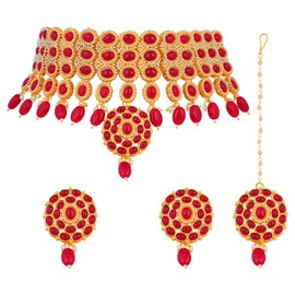 I Jewels Indian Bollywood Style Gold Plated Bridal Pearl Choker Necklace Set with Maang Tikka
