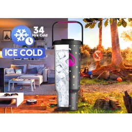 Meoky 40 oz Tumbler with Handle and Straw, Insulated Water Bottle, Stainless Steel Travel Mug, Keeps Cold for 34 Hours, 100% Leak Proof, Fits in Car Cup Holder (Pink Flamingo)